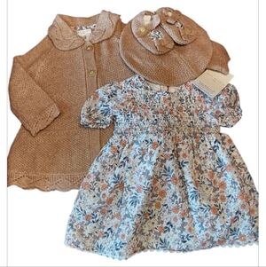 NWT Max Studio Baby Knit Cardigan, Dress, Beret, And Slippers Set ~sz 6-9M